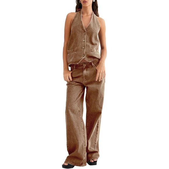 Brown Fisoew Women Two Piece Denim Set Backless Tank Top And Wide Leg Jeans